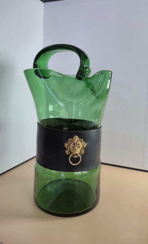 Vintage Italian decanter in green glass - 50s/70s - brass lion head
