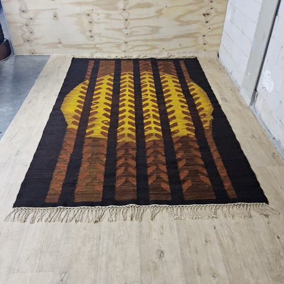 Image 1 of Vintage wollen Design Kilim Tapijt Maria Janowska (Zachód) zonsondergang (Poolse kunst)