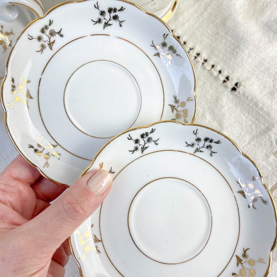 Image 1 of Set da tè/caffè vintage in porcellana bianca con finiture dorate FD Chauvigny