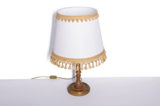 Image 1 of Table lamp wood textile light beige brown fringes 63cm 80s J Vintage