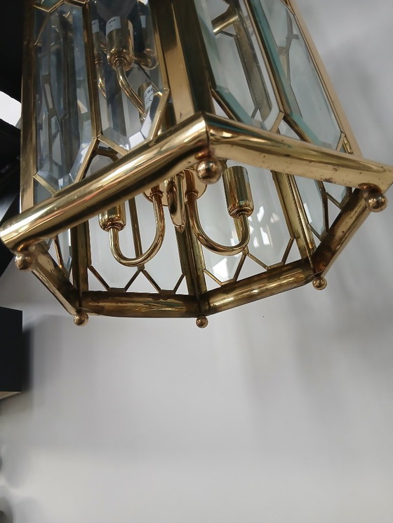 Image 1 of Enorme lanterna a sospensione Lustre Française in vetro Biseauté e Laiton Poli