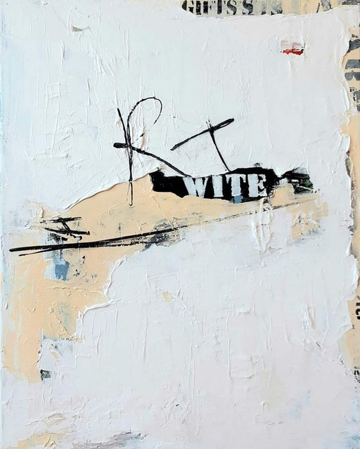 Original Acrylic Painting Contemporary Art Minimalism White Paint on Newspaper – schilderijen tekeningen, Canvas