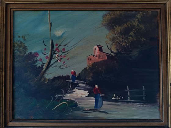 Image 1 of Ölgemälde einer Landschaft mit Bäuerinnen im Rahmen