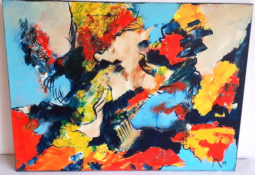 Tableau unique intitulé "Dans la tempête" par un peintre inconnu "Mp"