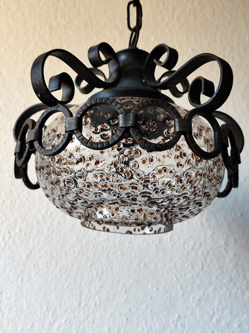 1960s/70s Brutalist Pendant Lamp – Honsel Lighting – Wrought Iron & Frosted Glass