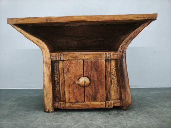 Console en Bois Massif Rustique Asiatique des Années 70, Buffet Primitif Sculpté à la Main, Marron (photo 2 sur 14)