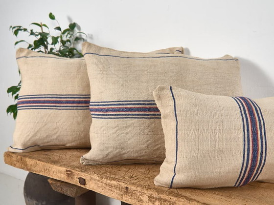 Antique linen pillow with blue and red stripes - Dimensiones: 50x50-2, Rustic (photo 5 of 6)