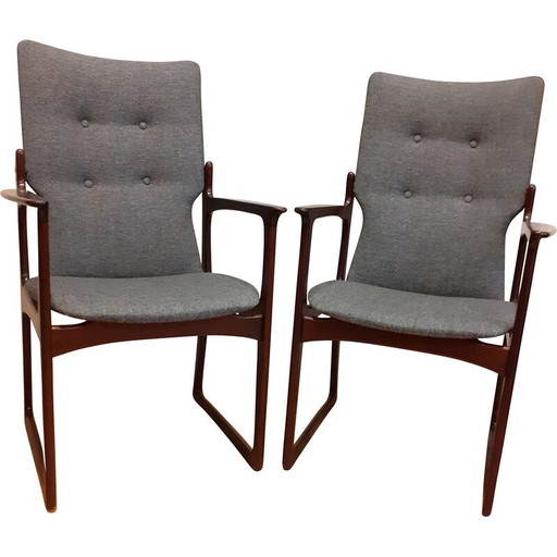 Paire de fauteuils vintage en bois massif teinté et tissu