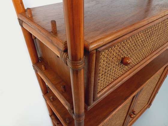 Image 1 of Large Vintage Rattan, Wood and Cane Bookcase from the 70s