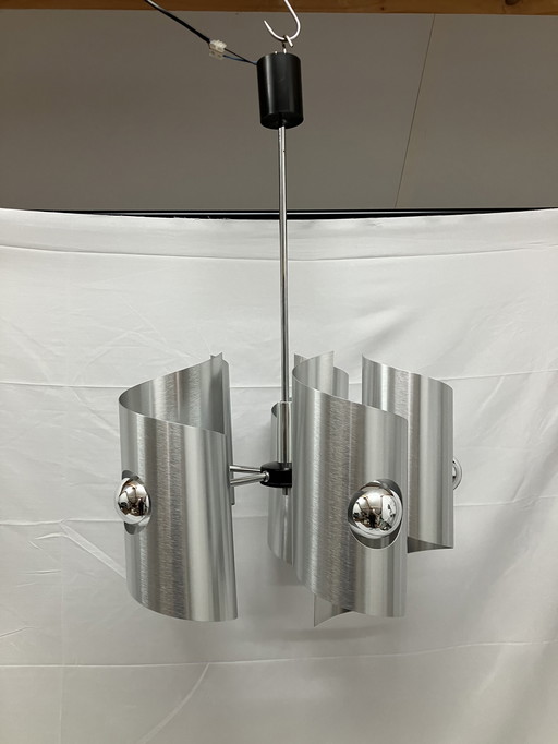 Vintage space age hanglamp, Polam, geborsteld aluminium