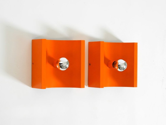 Image 1 of Pair of rare original 1960s Space Age metal wall lamps by Klaus Hempel for Kaiser Leuchten in orange