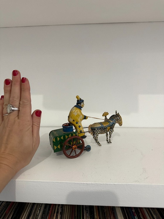 Image 1 of vintage 1950's tin windup donkey clown carriage Toy