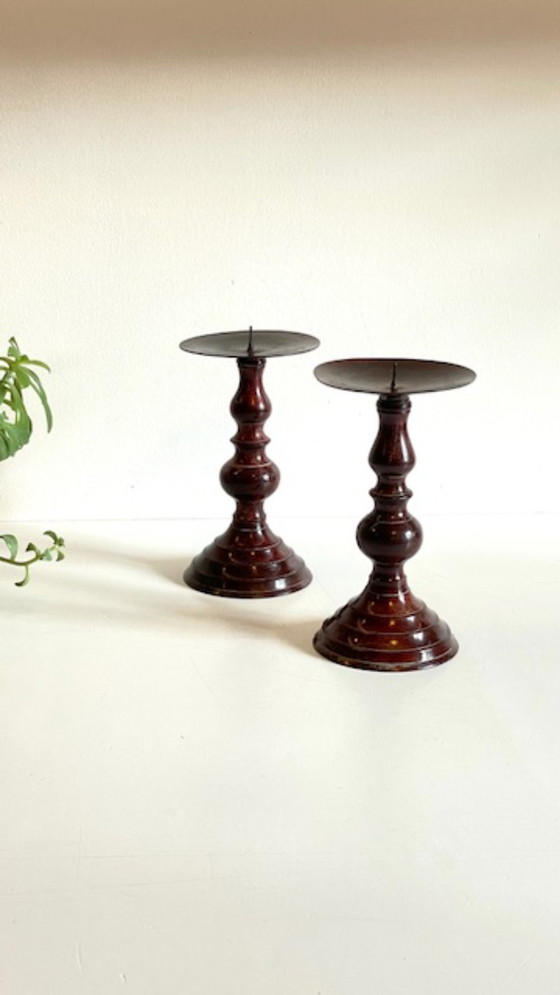 Image 1 of Vintage Patinated Metal Candlesticks