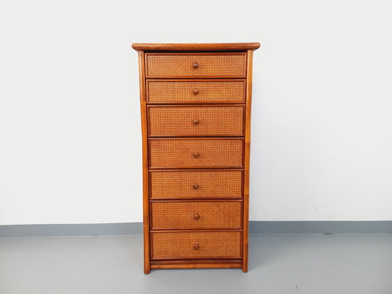 Image 1 of Commode Chiffonnier Semainier Vintage en Rotin, Bois et Cannage des Années 70