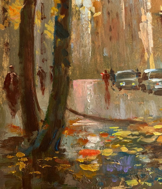 Image 1 of Original Oil Painting Autumn City Landscape Streets in autumn leaves