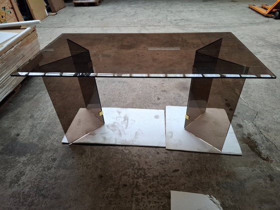 Hollywood Regency Dining Table / Desk – Smoked Glass & Brass (Pace Style) – NEW (photo 3 of 10)