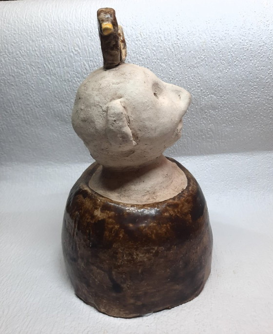 Image 1 of (W006) Unique Folk Art Ceramic Sculpture – "The Happy Bald Man with a Duck on His Head"