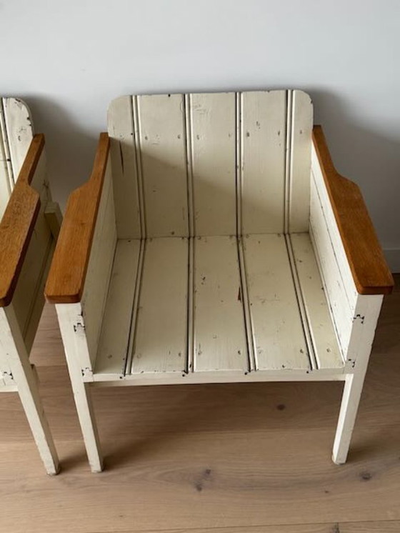 Image 1 of 2 low Piet Hein Eek bucket chairs/armchairs made of reclaimed wood, white