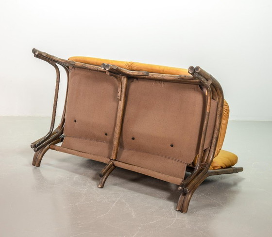 Image 1 of Brutalist Bentwood Love Seat Bamboo Sofa with Caramel Leather Upholstery, 1960s. 