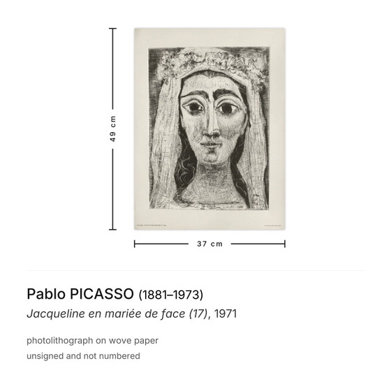 Pablo Picasso Lithographie Jacqueline En Mariée De Face (17) 1971 – Lithographies et sérigraphies, Paper (photo 3 of 5)