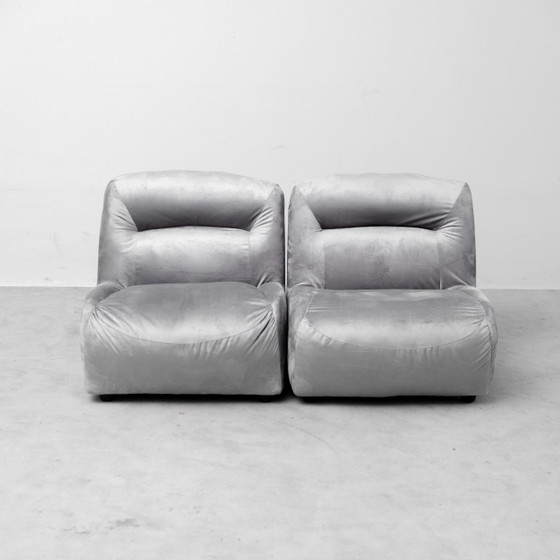 Paar vintage loungefauteuils in grijs fluweel – Jaren 70 design – Stoelen / fauteuils, Velvet (photo 7 of 10)