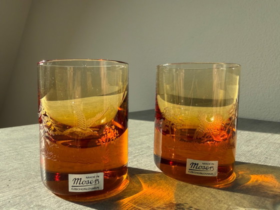 Moser Tsjechoslowakije Amber Kristallen Whiskyglazen Jachtvogels Doos, Gesigneerd – Glazen & Karaffen (photo 6 of 12)