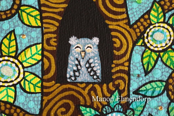 Image 1 of Unique Hand-painted Painting Owl in Tree 18x24 cm