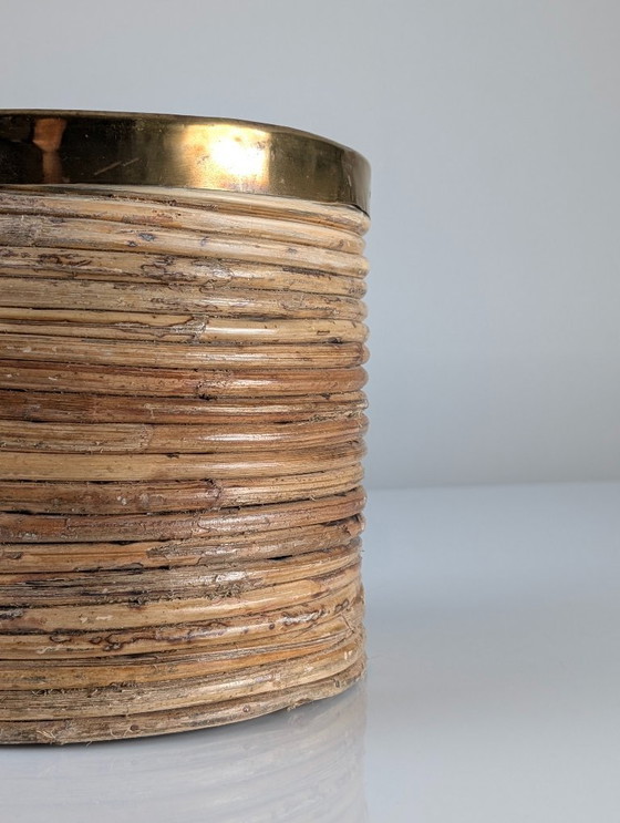 Image 1 of Italiaanse plantenbak van riet en messing uit het midden van de 20e eeuw, jaren 70.