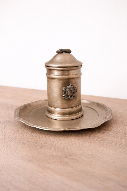 Antique pewter inkwell with tray