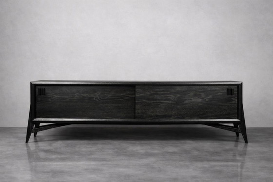 Image 1 of Vintage Mid-Century Scandinavian Modern Dark Oak Sideboard with Wooden Handles, 1960s