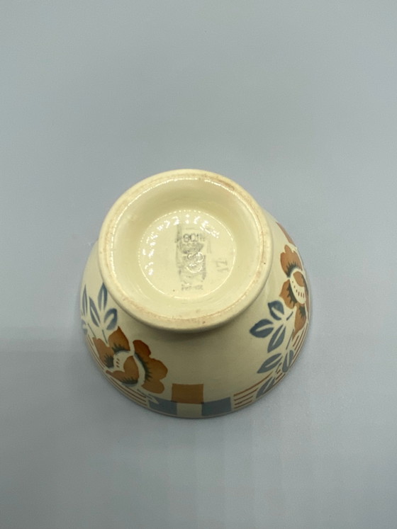 Antica ciotola da sidro Sarreguemines – Decorazione floreale Art Déco blu e ocra – Oggetti decorativi (photo 3 of 4)