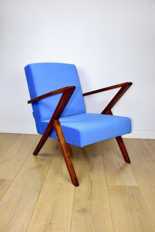 Fauteuil vintage style loft en velours bleuet Jade - rénovation de fauteuil