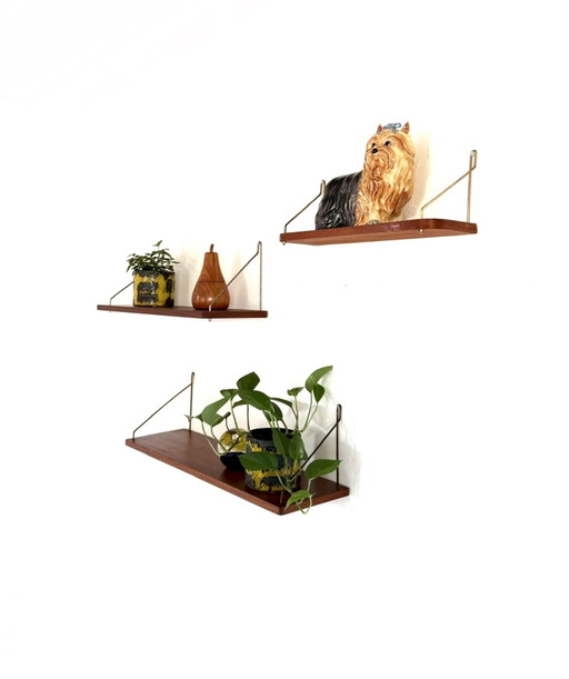Set of 3 Danish teak & brass wall shelves ‘60 – wandrek, Wood (photo 2 of 10)