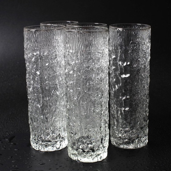 Image 1 of Set di 5 bicchieri vintage con motivo a corteccia / Servizio da tavola in vetro pressato di metà secolo / Italia / Anni '80