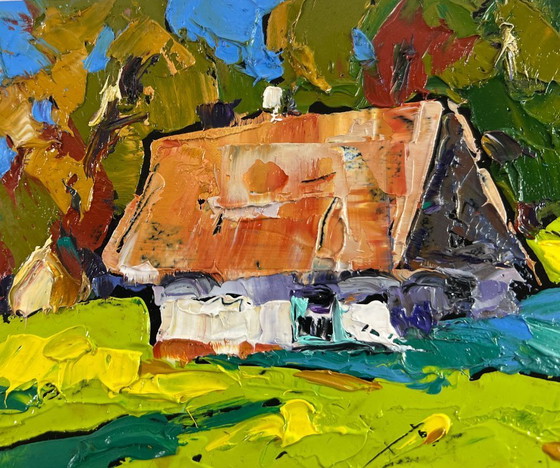 Image 1 of Original Oil Painting Summer House Landscape Forest path to the sunny hut