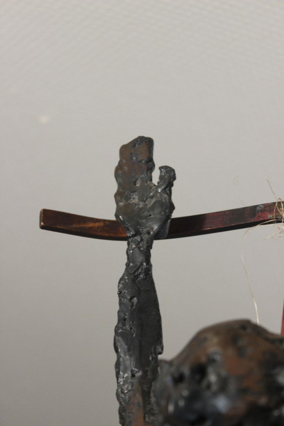 Image 1 of Brutalized crucifixion sculpture in welded iron, bronze, and copper, 1970s, signed