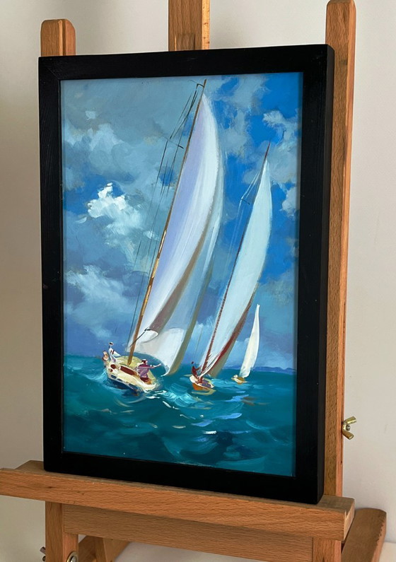 Image 1 of Dipinto ad olio originale raffigurante un paesaggio marino con onde, yacht e barche a vela in mare.