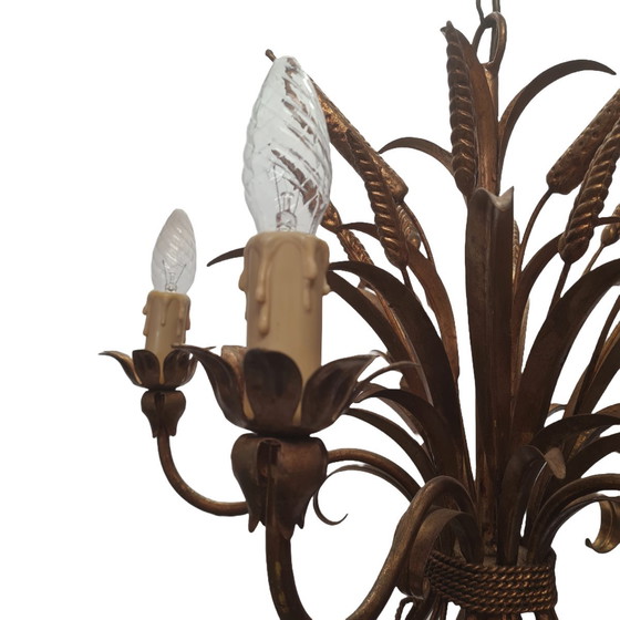 Image 1 of Lampadario vintage placcato oro con spighe di grano e tifa, anni '60