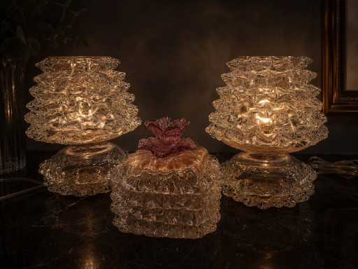 Signed Vintage Murano Rostrato Glass Lamp Set with Matching Decorative Diffuser – Beige Gold Aventurine Glass