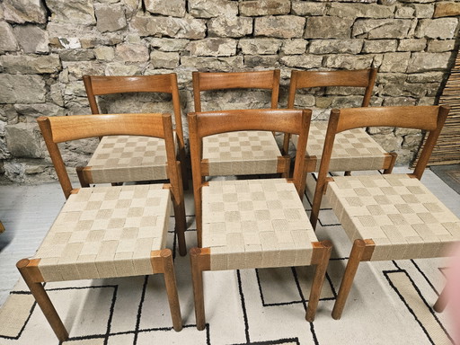 Set di 6 sedie in teak, anni '60, con cinghie elastiche