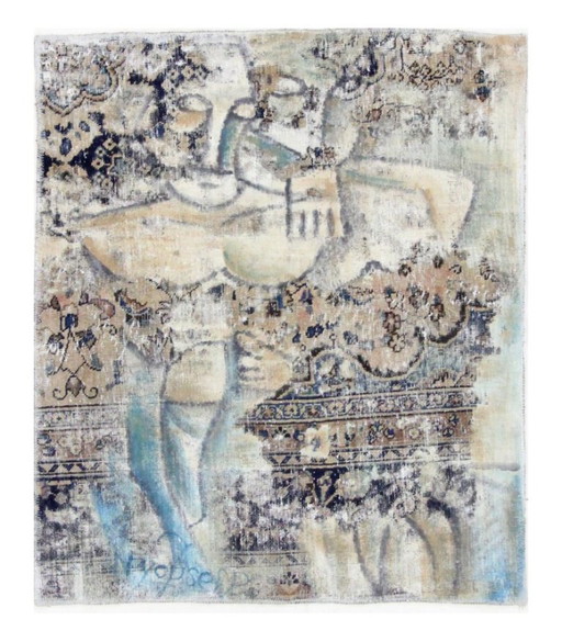 Tapis Oriental Vintage Noué Main Design Classique & Relief 123 x 113 cm Beige, Multicolore