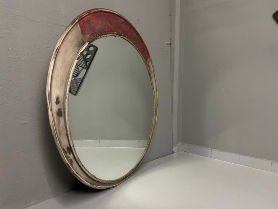 Image 1 of Vintage Round Mirror Distressed Painted Frame 1970s Europe