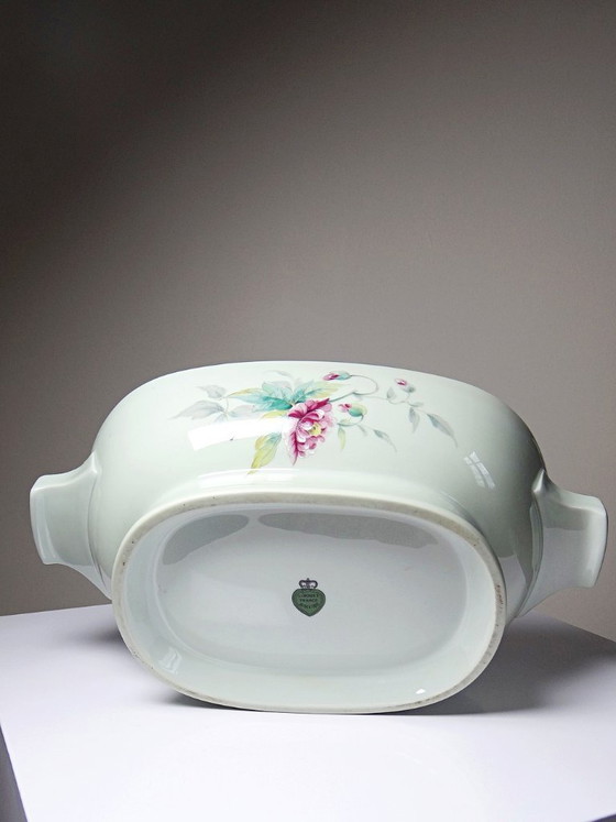 Image 1 of Zuppiera vintage in porcellana celadon di Limoges, Francia, in stile Art Déco con decorazioni floreali.