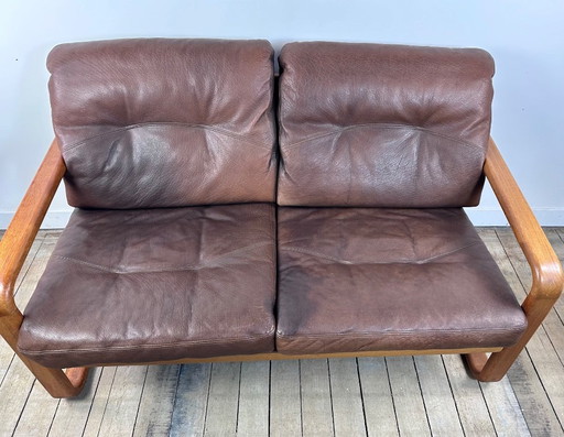 Scandinavian 2-seater sofa in teak and leather Hostelbro Denmark 1970