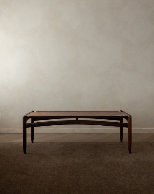 Vintage Teak Coffee Table, Mid Century Modern, Tray-Top Form, Sculptural Arched Stretchers, 1960s