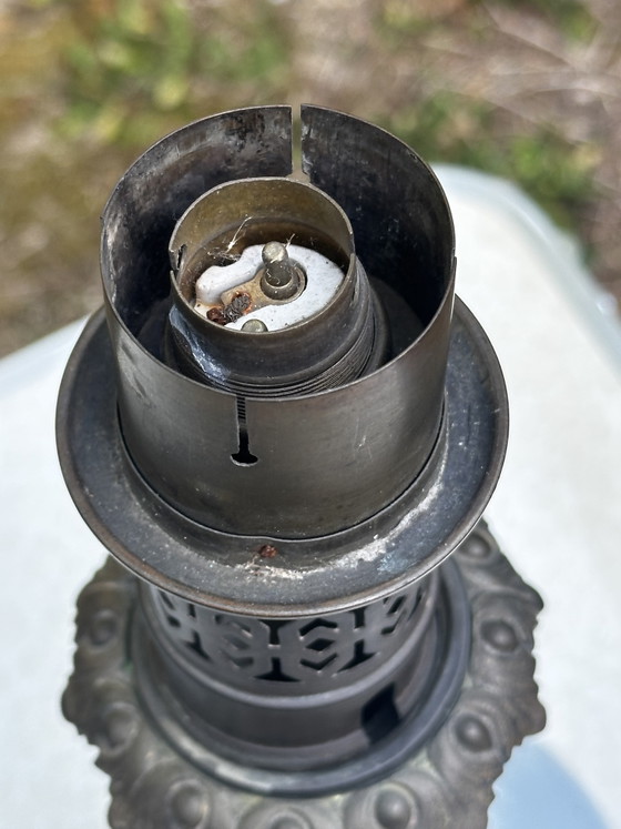 Image 1 of Grand Pied de Lampe à Pétrole Électrifié - Opaline Bleue et Laiton - Vers 1900