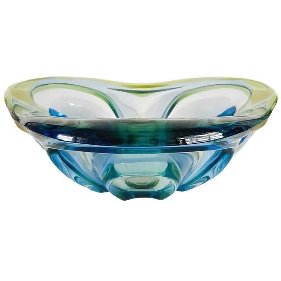 Image 1 of Vintage mid-century Bohemian glass bowl blue green 1960s