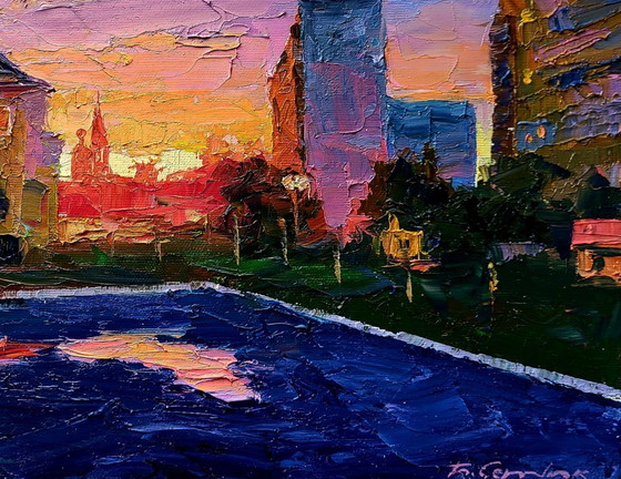 Original Oil Painting Evening Landscape City Orange Sunset – Paintings & Drawings, Canvas (photo 7 of 7)