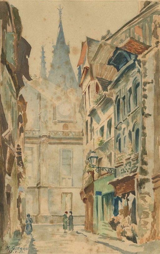 Lively alleyway, signed M. Girard - Watercolor dated May 13, 1934