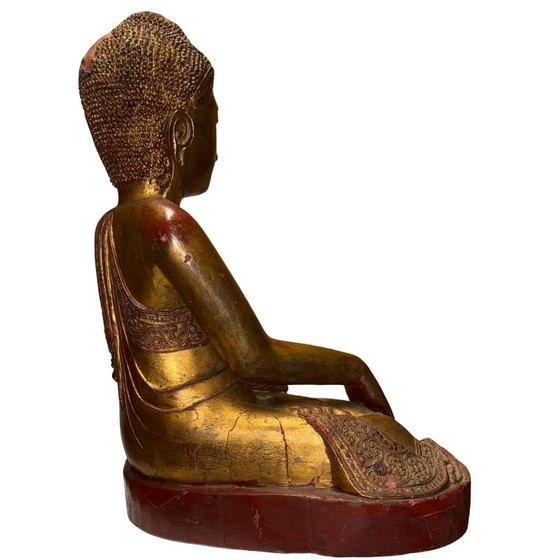 Estatua antigua de Buda Mandalay birmano – Madera dorada con ojos incrustados – Myanmar circa 1880–1920 (photo 5 of 9)